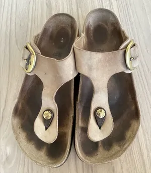 Birkenstock Tan Leather Sandals with Gold Accents thumbnail 1