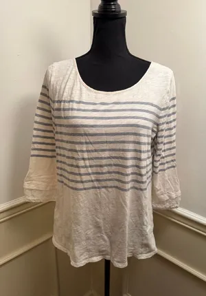 Anthropologie Little Yellow Button Striped Mixed Media 3/4 Sleeve Top Coastal thumbnail 1