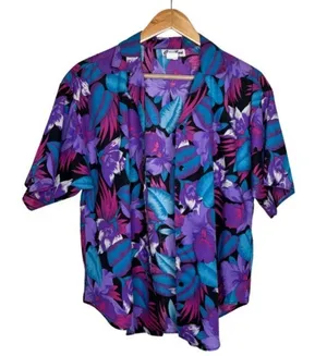 Caribou Button Up Hawaiian Size 12 Woman's Y2K Blue Purple Black Cotton Blend thumbnail 1