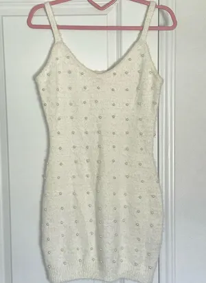 Pink Lily Small Ivory White Embellished Pearl Sweater Holiday Winter Mini Dress thumbnail 1