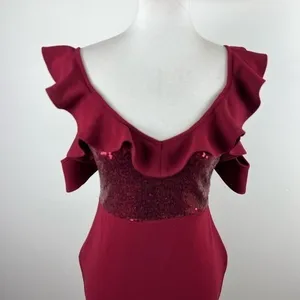NaaNaa Burgundy Sequin Ruffle Off Shoulder Bodycon Mini Dress Size 10 thumbnail 10