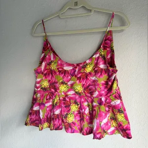 FARM Rio Floral Pink Ruffle Crop Babydoll Tank Top thumbnail 1