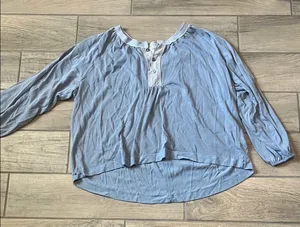 We The Free Blue Relaxed 3/4 Sleeve Blouse with Mandarin Collar thumbnail 1