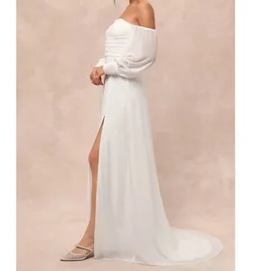 NEW Lulus Lux Bridal Adorna White Off-the-Shoulder Semi-Sheer Chiffon Maxi Dress thumbnail 3