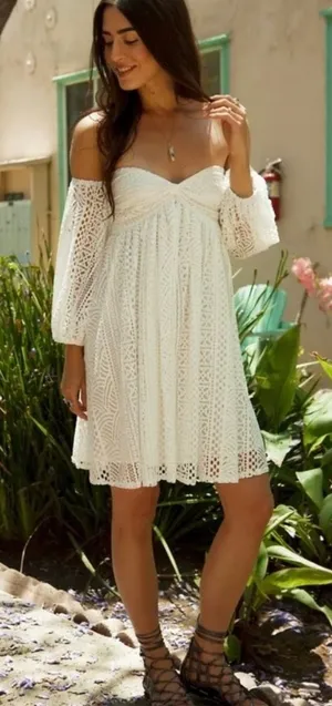 Free People Emmy Lou White Ivort Eyelet Babydoll Milkmaid Mini Dress L thumbnail 1