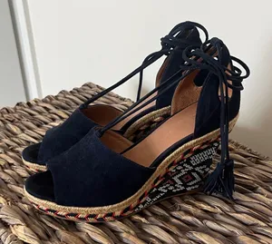 CAbi Navy Wedge Sandals with Patterned Sole thumbnail 1