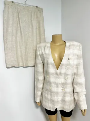 Executive Collection Womens Beige Linen Blend Plaid Skirt Suit Set Size 16 thumbnail 1