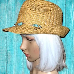 Cute straw fedora with turquoise beaded band! Tan thumbnail 1