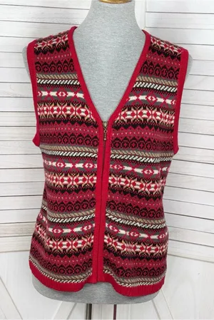 Vintage Requirements Fair Isle V Neck Zip‎ Up Sweater Vest Red Multi Medium thumbnail 1