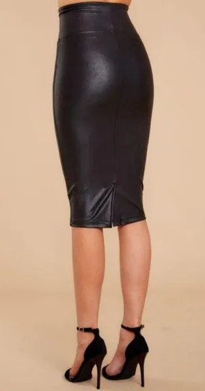 Spanx Faux Leather Pencil Skirt Very Black High-Waist Shiny Stretchy Edgy Midi thumbnail 3