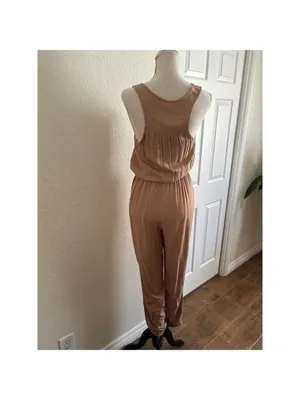 Iris Jumpsuit‎ Large Tan Brown Sleeveless Utility Jogger Button Front Rayon thumbnail 2