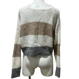 Moon & Madison Sweater Womens L Cream Tan Gray Colorblock Cropped Pullover thumbnail 3