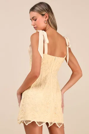 New Lulus Lovable Light Yellow Embroidered Tie-Strap Mini Dress Size XL thumbnail 2