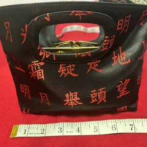 Bag Black Satin Clutch with Red Embroidered Characters & Gold Frame by LA REGALE thumbnail 3