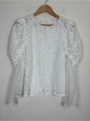 See by Chloe white mixed lace puff sleeve long sleeve top. Estimated size small thumbnail 1