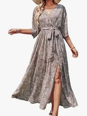 Anrabess Beige Print Faux Wrap Maxi Summer‎ Beach Long Dress Large Lined Dolman thumbnail 1