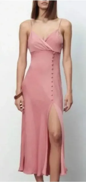 ZARA Size M Pink Satin Slip Dress Side Slit Spaghetti Straps Bloggers Favorite thumbnail 1
