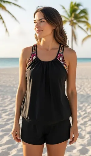 YONIQUE Black Tribal Print Tankini Swimsuit Shorts Set‎ Women's Size L thumbnail 1