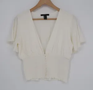Forever 21 Crop Top Women Large Ivory Smocked Stretch Ruffle Sleeve Button Front thumbnail 1