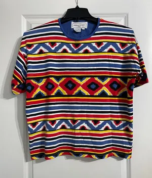 RARE Adrienne Vittadini Sport T-shirt Vibrant Multi Geometric Striped Aztec L thumbnail 1