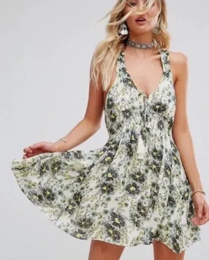 Free People Washed Ashore Floral Print Mini Dress Boho Ivory Green Women Size M thumbnail 1