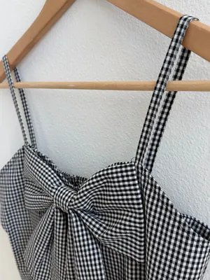 Japanese Gingham Bow Front Midi Dress Black White Size M thumbnail 5
