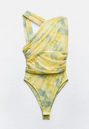 Draped Asymmetrical Yellow Floral Tulle bodysuit thumbnail 6