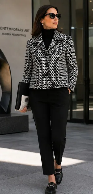 Chico's Black White Geometric Textured Knit Blazer Jacket Size‎ 1 Medium 8 thumbnail 1
