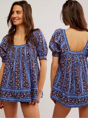 Free People Retro 70s Bohemian Vintage Lover Blouse Dutch Blue Combo Medium thumbnail 2
