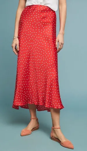 Anthropologie Maeve Gemma Printed Red White Bias Cut Polka Dot Maxi Skirt XS thumbnail 1