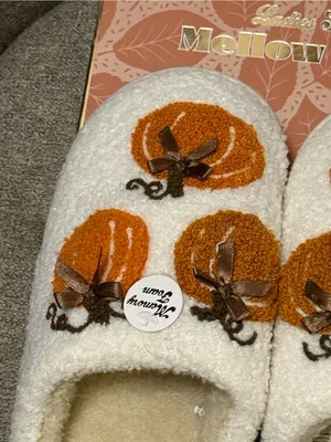 Mellow & Mod Women's Cream Pumpkin Detail Fall Fuzzy Slippers - size M (7-8) thumbnail 3