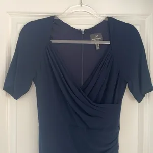 Adrianna Papell Navy Blue V Neck Short Sleeve Stretch Gown Size 4 Formal thumbnail 5