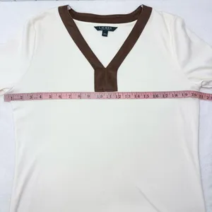 Ralph Lauren V neck Cream and Brown Cotton Long‎ Sleeve Top Size L thumbnail 7
