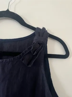 100% Linen Navy Blue Mini Shift Dress Small Lace Hem Euro Summer Coastal thumbnail 3