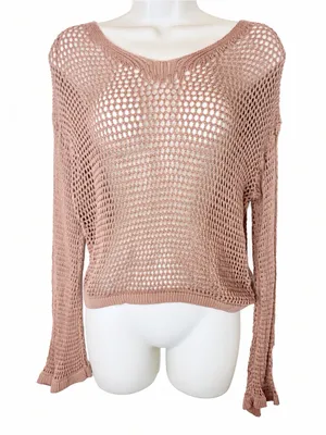Happily Grey Open Knit Sweater Dusty Rose Mesh Crochet Size L Long Sleeve thumbnail 1