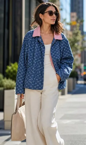Anthropologie Dot & Lu Quilted Blue Floral Jacket Pink Collar Missing Zipper thumbnail 1