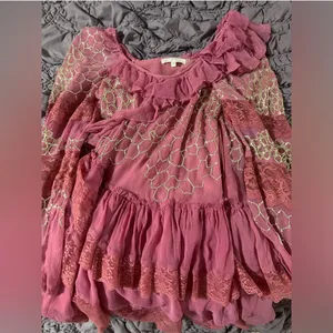 Love Shack Fancy Pink, Ruffled Mini Dress | 2 | Lace, Sparkle thumbnail 3