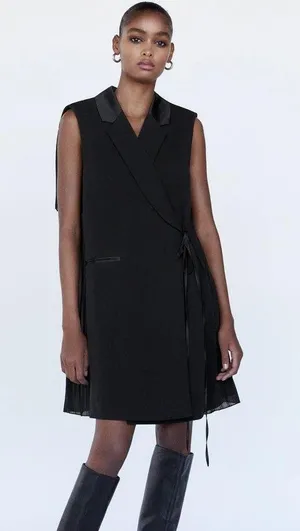 Zara COMBINED PLEATED WRAP BLAZER DRESS BLACK NEW thumbnail 1