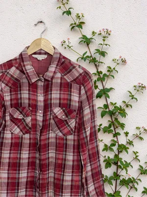 Love Stitch Play The Field Burgundy Plaid Button UP Shirt Size M thumbnail 4