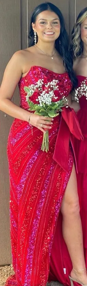 Sherri Hill Red/Fuchsia‎ Sweetheart Neck Beaded w/Bow Skirt Slit Homecoming Sz 4 thumbnail 1