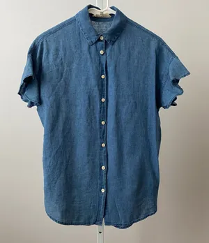 Madewell‎ Coastal XS Blue Linen Short Sleeve Button Shirt Flutter Sleeve Blouse thumbnail 1