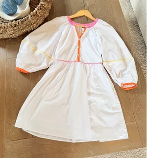 Staud Mini‎ Demi Dress Womens White Multicolor Neon Piping Balloon Sleeve XS thumbnail 1