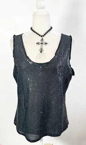 Vintage Y2k Sequin Tank Top Sz Large Black Sheer Grunge‎ Emo Mall Goth Festival thumbnail 1