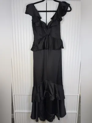 Show Me Your Mumu Reese Ruffle Black Satin Maxi Dress XS NWT thumbnail 7
