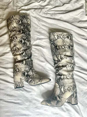 Lulu's White and Black Snake-Print Slouchy Block Heel Boots thumbnail 5