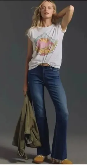 NEW Mother Anthropologie Women Jeans 34 Blue High Rise Flare Raw Take it Easy thumbnail 1