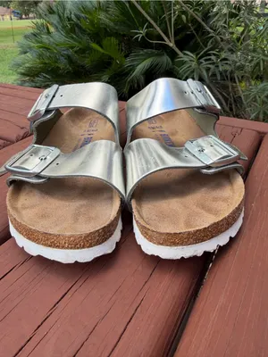 Birkenstock Arizona Metallic Silver Soft Footbed Sandals 37 US 6.5 $154 thumbnail 4