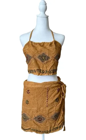 Embroidered Crop Top Wrap Skirt Set Mustard Boho Summer thumbnail 1
