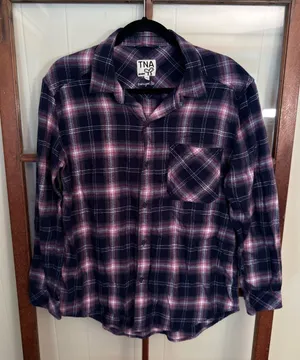 TNA by Aritzia Soft Oversized Plaid Flannel Button Up Shirt Navy Pink Purple Med thumbnail 1