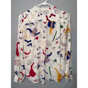 Maeve Anthropologie Blouse Size 2 Winter Gear Novelty Print Ruffle White Multi thumbnail 4